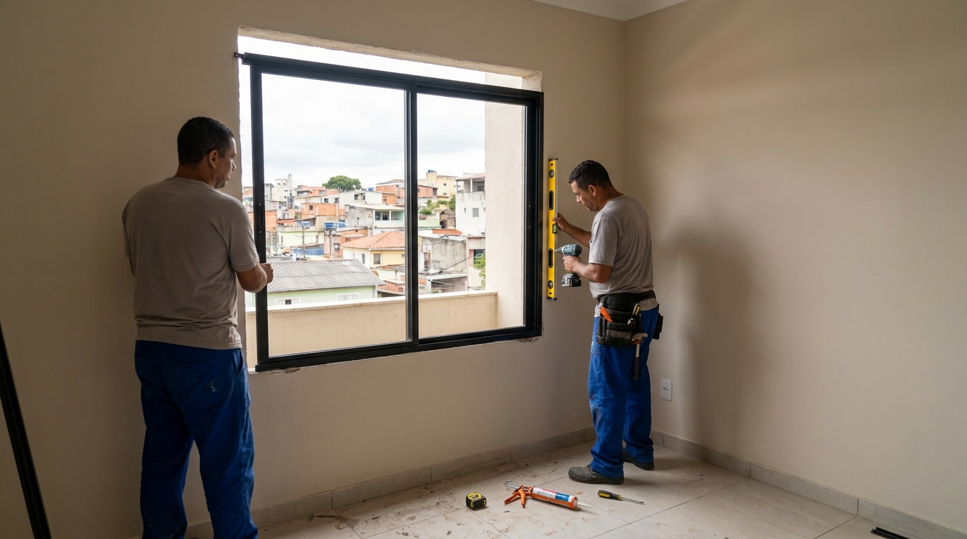 Esquadria de alumínio em quarto bege em João Pessoa-PB