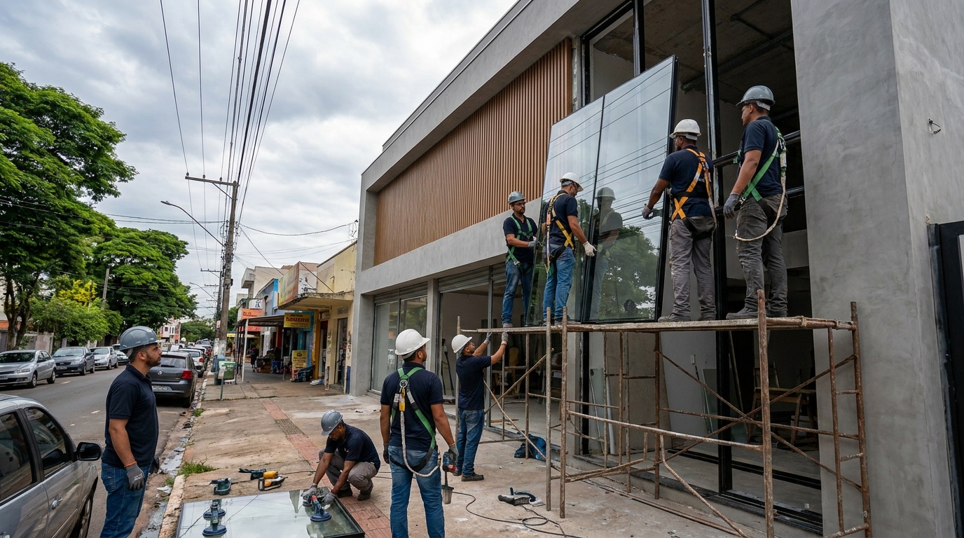 Fachada de vidro com andaime lateral em João Pessoa-PB