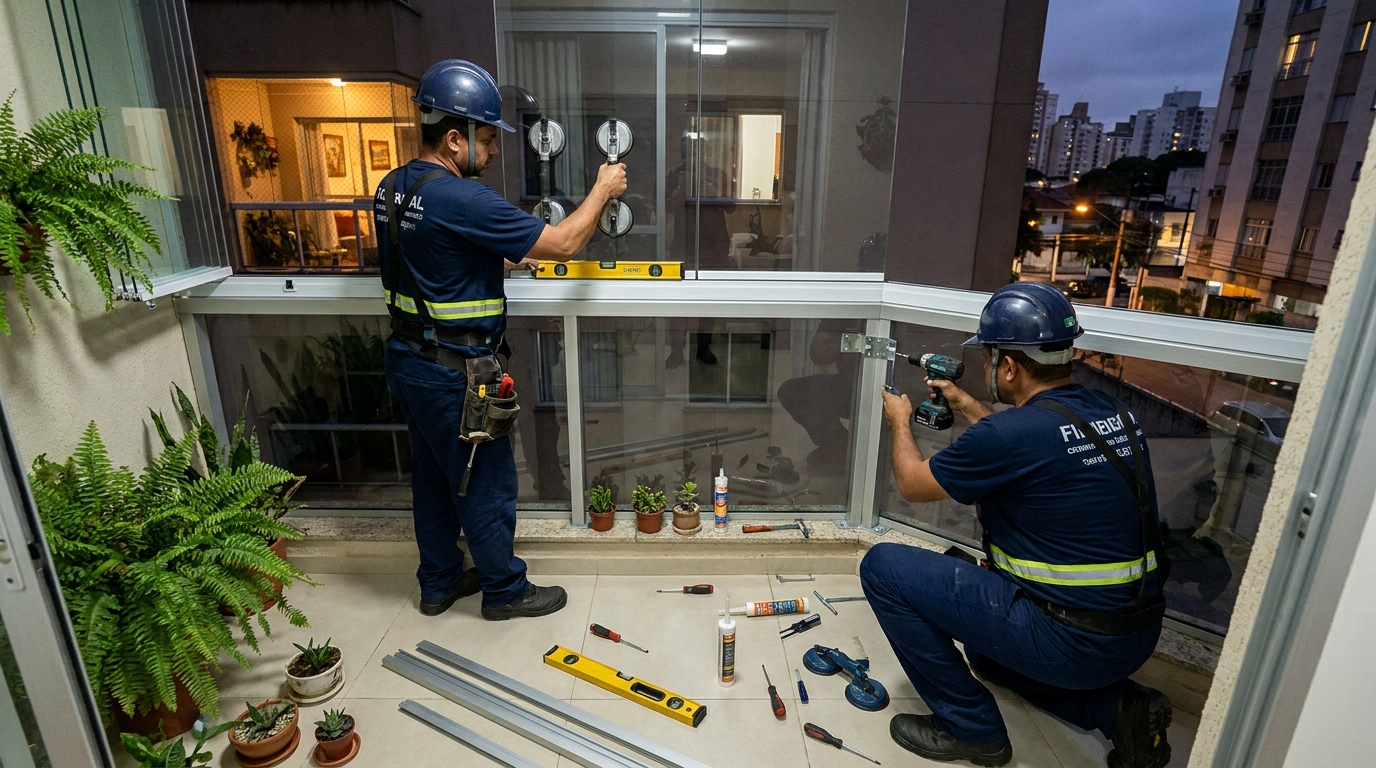 Instalação noturna de parede de vidro em João Pessoa-PB