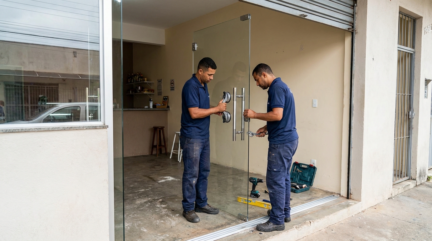 Dupla instalando porta de vidro em loja em João Pessoa-PB